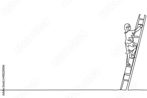 Continuous one line drawing of young female entrepreneur climb the ladder up to reach top. Success business manager minimalist concept. Trendy single line draw design vector graphic illustration