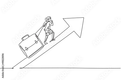 Single continuous line drawing young beauty businesswoman pulling giant leather briefcase to arrow up. Professional worker. Minimalism concept dynamic one line draw graphic design vector illustration