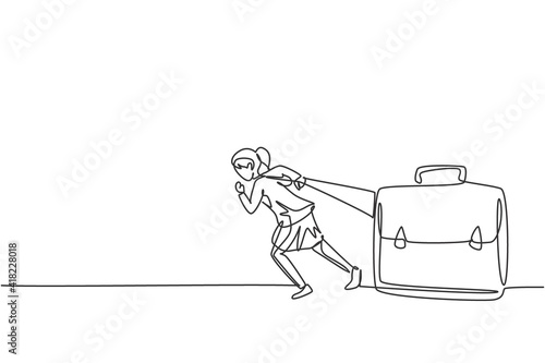 Single one line drawing young smart businesswoman pulling big leather briefcase with all one's might. Hard work ethic minimal concept. Modern continuous line draw design graphic vector illustration