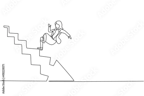 Single continuous line drawing of young beauty businesswoman slip and falling down from upstairs. Bankruptcy metaphor. Minimalism concept dynamic one line draw graphic design vector illustration