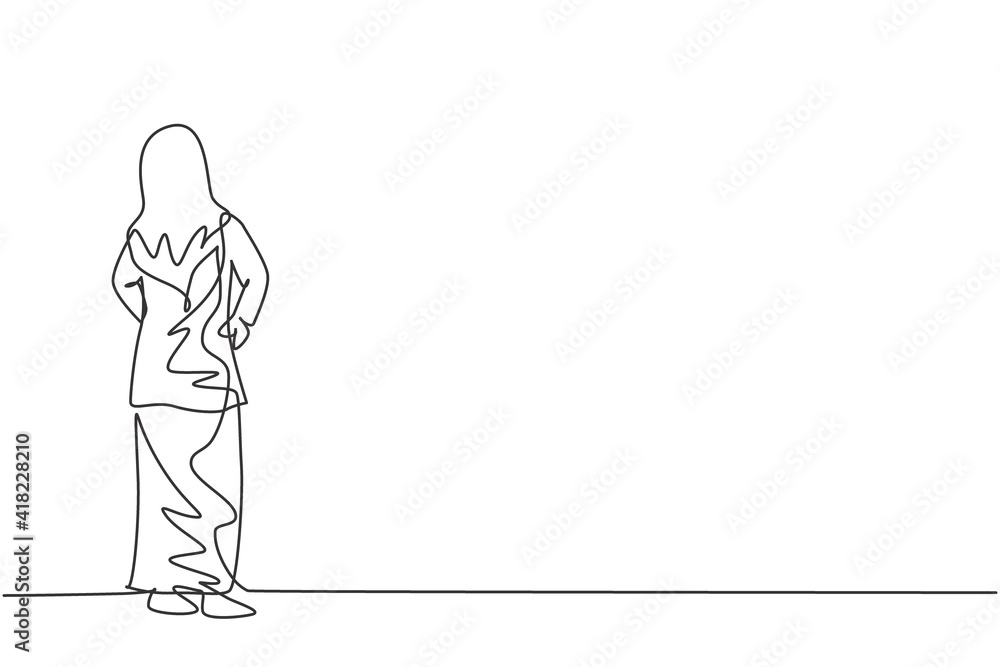 Single continuous line drawing of young beauty Arabian female manager looking back, rear view. Professional businesswoman. Minimalism concept dynamic one line draw graphic design vector illustration Single continuous line drawing of young beauty Arabian female manager looking back, rear view. Professional businesswoman. Minimalism concept dynamic one line draw graphic design vector illustration