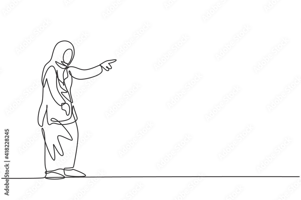 Continuous one line drawing of young female Arabic worker pointing finger to the colleague. Success business manager minimalist concept. Trendy single line draw design vector graphic illustration Continuous one line drawing of young female Arabic worker pointing finger to the colleague. Success business manager minimalist concept. Trendy single line draw design vector graphic illustration