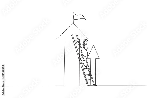 Continuous one line drawing of young female Arabic worker climb ladder to reach top of arrow symbol up. Success manager minimalist concept. Trendy single line draw design vector graphic illustration
