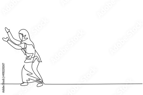 Single one line drawing young smart Arab business woman pushing the wall to protect her position, metaphor. Business growth minimal concept. Continuous line draw design graphic vector illustration
