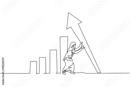 Single one line drawing of young smart Arab business woman erecting the arrow symbol up. Business financial growth minimal concept. Modern continuous line draw design graphic vector illustration