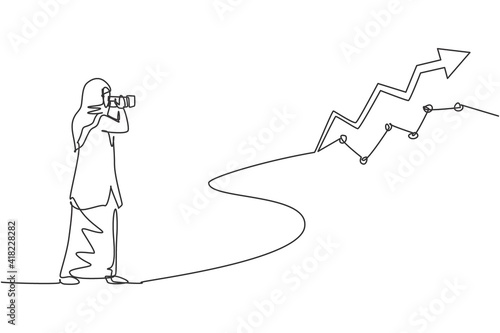 Single continuous line drawing  young beauty Arabian manager looking sales report graph on wall. Professional businesswoman. Minimalism concept dynamic one line draw graphic design vector illustration