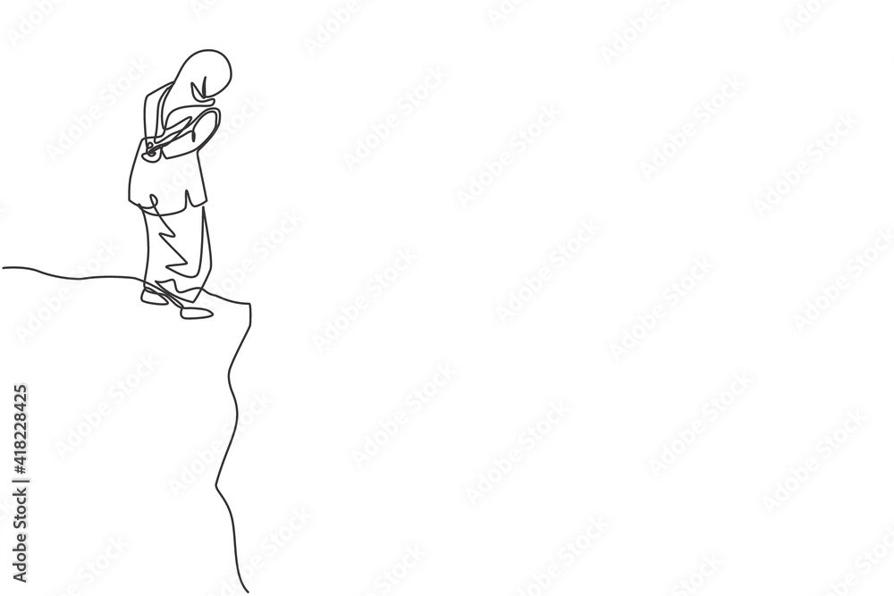 Continuous one line drawing of young female Arabic worker looking down from top of the mountain. Success business manager minimalist concept. Trendy single line draw design vector graphic illustration