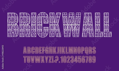 Decorative alphabet vector font. Letters symbols and numbers. Typography for headlines, posters etc. Brickwall texture