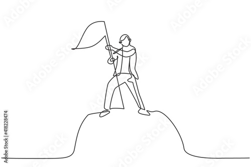 Single one line drawing of young smart male manager planting flag on top mountain, metaphor. Successful business achieve target minimal concept. Continuous line draw design graphic vector illustration
