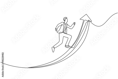 Single continuous line drawing of young business man jumping into the top of up arrow. Attractive professional businessman. Minimalism concept dynamic one line draw graphic design vector illustration