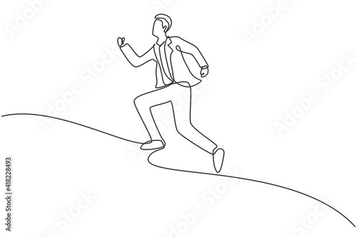 Single continuous line drawing of young business man running fun to get to the office. Attractive professional businessman. Minimalism concept dynamic one line draw graphic design vector illustration