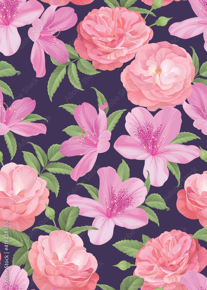 Seamless pattern of pink rhododendron flower and rose background template. Vector set of floral element for wedding invitations, greeting card, brochure, banners and fashion design.