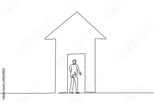Single continuous line drawing of young business man enter the up arrow shape house. Attractive professional businessman. Minimalism concept dynamic one line draw graphic design vector illustration