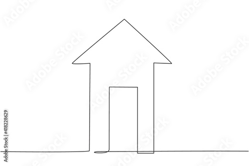 Single one line drawing of house building shape with up arrow symbol. Business finance growth minimal concept. Modern continuous line draw design graphic vector illustration