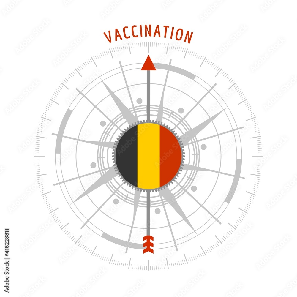 Pharmacy concept. Abstract compass points to the vaccination word. Flag of Belgium. Pharmacy concept. Abstract compass points to the vaccination word. Flag of Belgium.