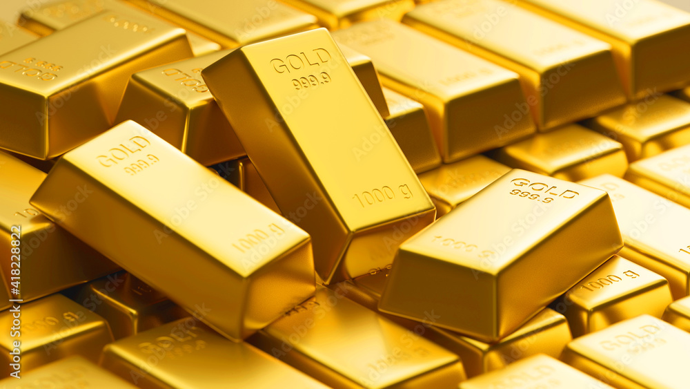 3D rendering, close up of a lot of shiny gold bars stacked in warehouse, concept of wealth 3D rendering, close up of a lot of shiny gold bars stacked in warehouse, concept of wealth