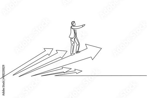 Continuous one line drawing of young handsome male worker flying using rapid up arrows symbol. Success business manager minimalist concept. Trendy single line draw design vector graphic illustration