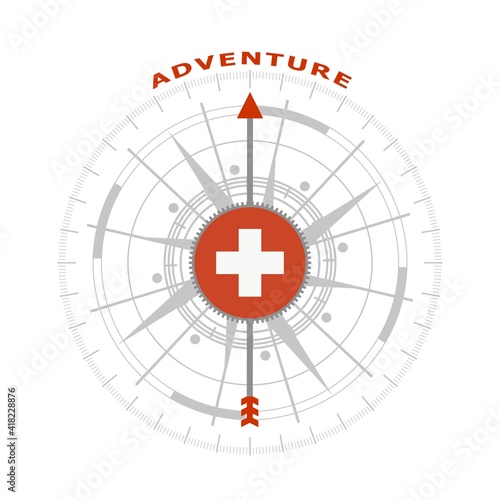 Travel concept. Abstract compass points to the adventure word. Flag of Switzerland.