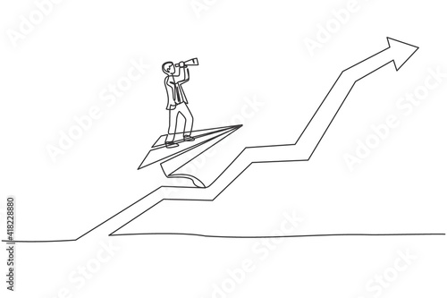 Single one line drawing young smart male employee fly using paper aircraft and looking forward. Business finance growth minimal concept. Modern continuous line draw design graphic vector illustration
