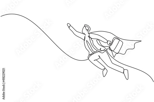 Continuous one line drawing of young handsome male worker fly using superhero wing. Success skyrocketed business manager minimalist concept. Trendy single line draw design vector graphic illustration
