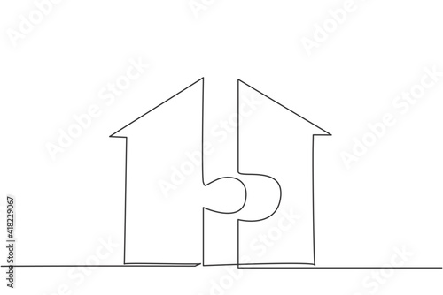 Single one line drawing of puzzle piece form house building shape symbol. Business property real estate minimal concept. Modern continuous line draw design graphic vector illustration