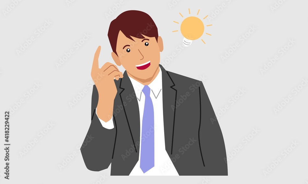 Man standing thinking get idea. Thoughtful people understand the problem. Happy young man find successful solution. Vector flat illustration Man standing thinking get idea. Thoughtful people understand the problem. Happy young man find successful solution. Vector flat illustration