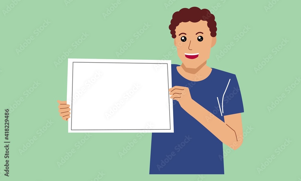 Young man hold a white board. Vector flat illustration Young man hold a white board. Vector flat illustration