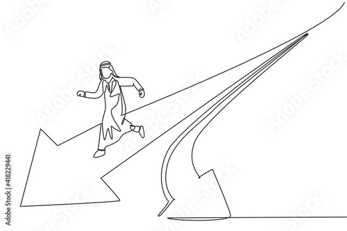 Single one line drawing young Arabic male entrepreneur running fast to straight direction pathway. Business choice minimal concept. Modern continuous line draw design graphic vector illustration