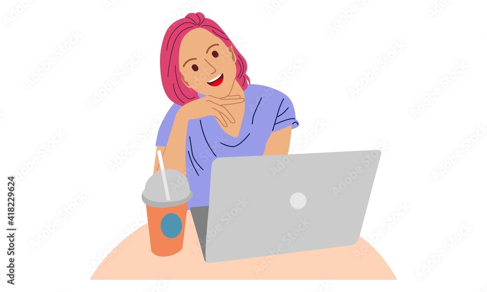 Woman sitting on the chair and working with laptop. Vector illustration Woman sitting on the chair and working with laptop. Vector illustration