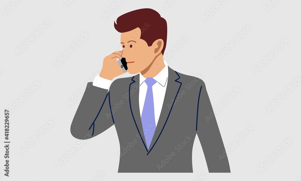 Man using mobile phone to talk to positive emotions, talking on phone. Vector flat character illustration