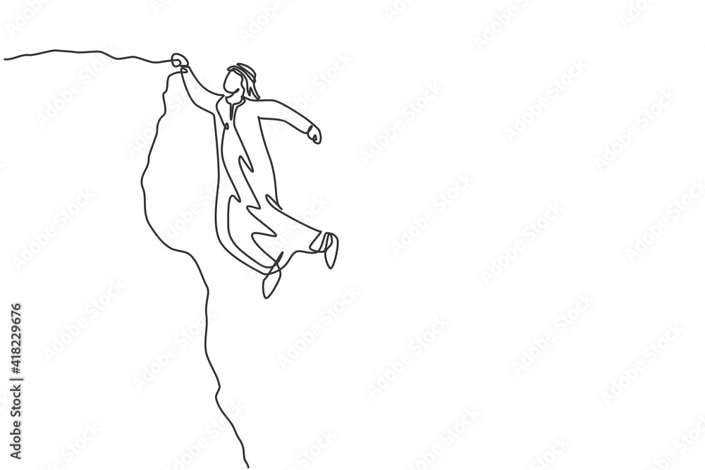 Continuous one line drawing of young handsome Arab male worker hanging tight on cliff edge. Success business struggle, metaphor minimalist concept. Single line draw design vector graphic illustration