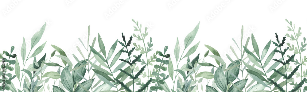 Watercolor seamless border with greens, leaves, foliage, branches on a white background