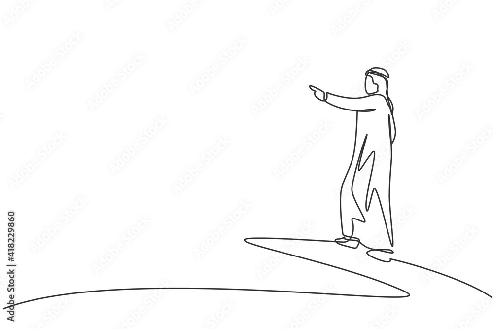 Single continuous line drawing young Arabic businessman analyzing business opportunity. Smart visionary professional entrepreneur. Minimalism concept one line draw graphic design vector illustration Single continuous line drawing young Arabic businessman analyzing business opportunity. Smart visionary professional entrepreneur. Minimalism concept one line draw graphic design vector illustration