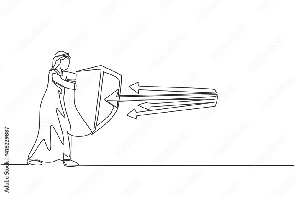 Continuous one line drawing young Arabic male worker protect threat ...
