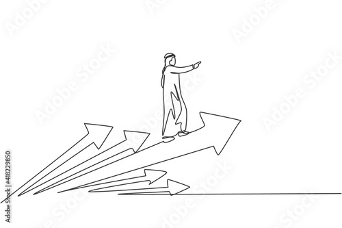 Single continuous line drawing young Arab businessman ride rapid up arrows symbol. Smart strategy of professional manager. Minimalism concept dynamic one line draw graphic design vector illustration