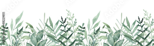 Watercolor seamless border with greens  leaves  foliage  branches on a white background