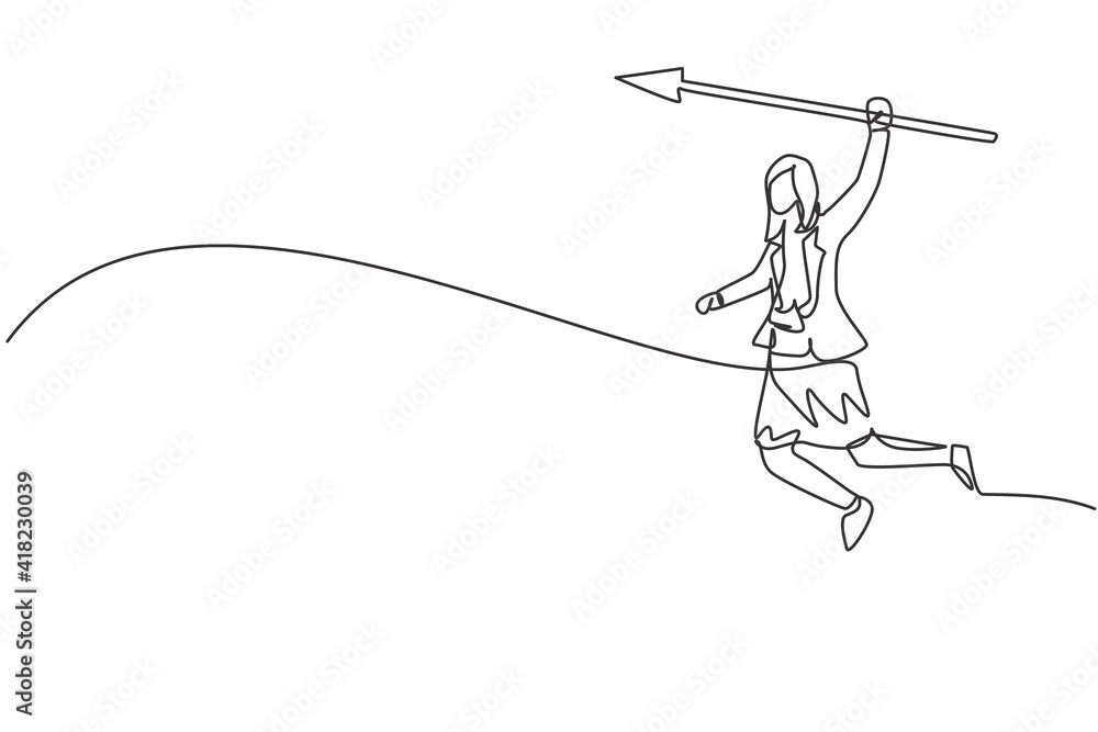 Continuous one line drawing of young female worker holding arrow spear to hit target. Success business manager minimalist concept. Trendy single line draw design vector graphic illustration Continuous one line drawing of young female worker holding arrow spear to hit target. Success business manager minimalist concept. Trendy single line draw design vector graphic illustration
