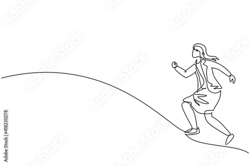 Continuous one line drawing of young female worker running fast to chase business target. Success business manager minimalist concept. Trendy single line draw design vector graphic illustration