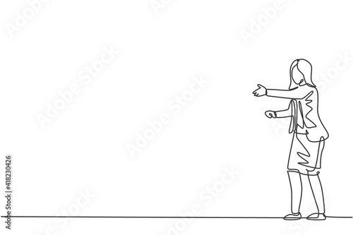 Single continuous line drawing of young female manager giving handshake gesture. Professional businesswoman business deal. Minimalism concept dynamic one line draw graphic design vector illustration