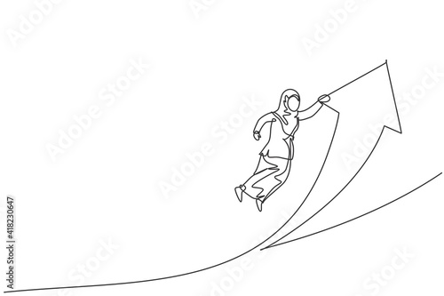 Single continuous line drawing young professional female Arab entrepreneur hanging tight on edge of flying up arrow icon. Minimalism metaphor concept one line draw graphic design vector illustration