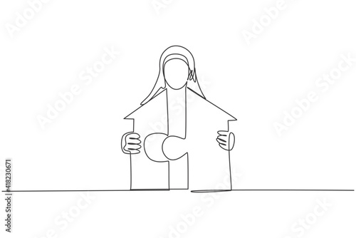 Continuous one line drawing of young Arabic female worker unite the puzzle into house building. Success business manager minimalist concept. Trendy single line draw design vector graphic illustration