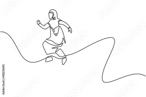 Single one line drawing of young Arabian businesswoman actively jumping high to the sky. Business financial growth minimal concept. Modern continuous line draw design graphic vector illustration