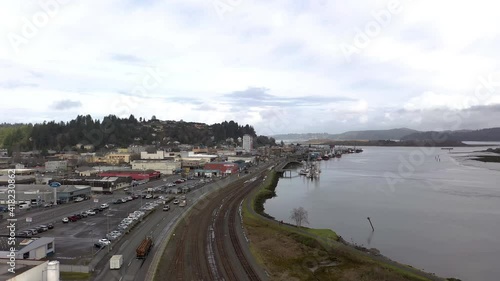 Drone view of Highway 101 and train tracks in Coos Bay, Oregon, USA