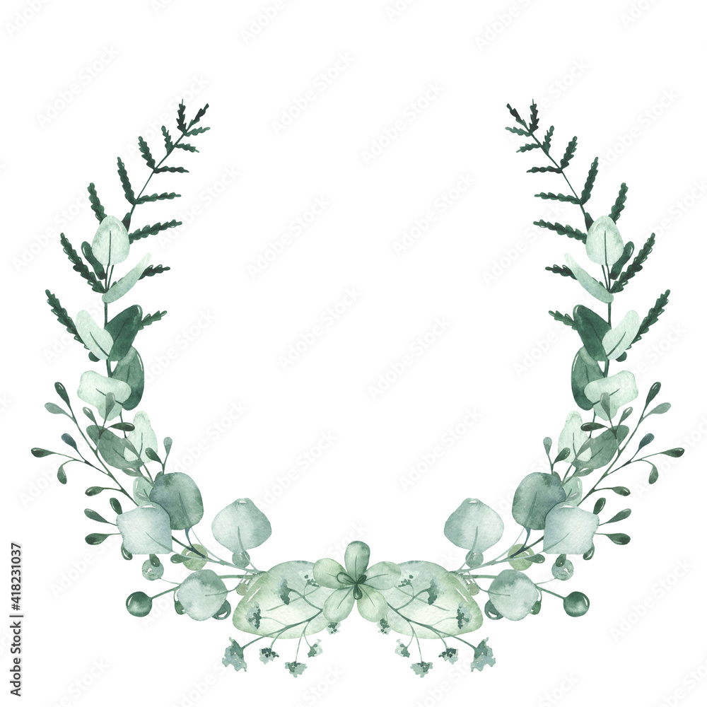 Watercolor wreath with greenery, eucalyptus branches and leaves, berries, fern, flowers