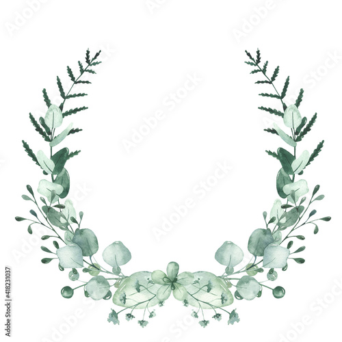 Watercolor wreath with greenery, eucalyptus branches and leaves, berries, fern, flowers © MarinaErmakova
