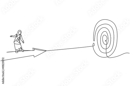 Single one line drawing young Arabian businesswoman riding forward arrow to hit goal target. Business financial growth minimal concept. Modern continuous line draw design graphic vector illustration