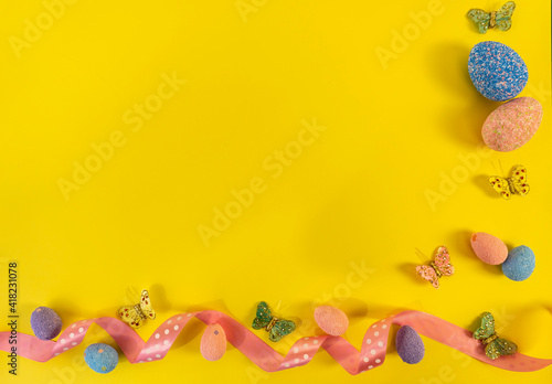 Happy easter! Flat Lay, Internet banner with Copy Space on Easter