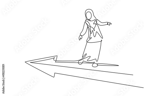 Single continuous line drawing of young professional female Arab entrepreneur flying ride forward progress arrow. Minimalism metaphor concept dynamic one line draw graphic design vector illustration