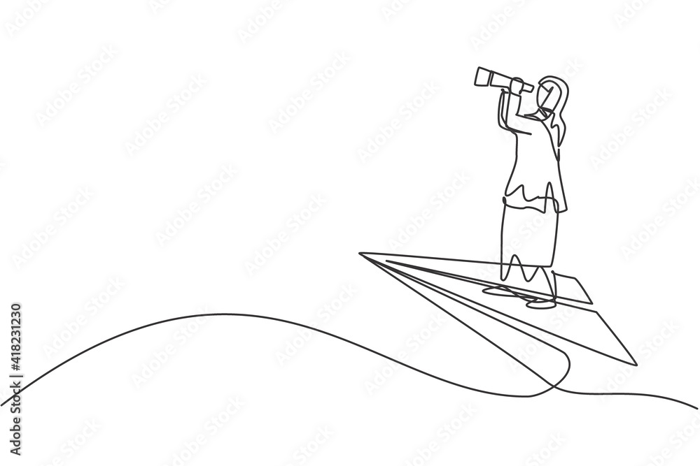 Single continuous line drawing young female Arab entrepreneur flying with paper plane analyze business potential. Minimalism metaphor concept dynamic one line draw graphic design vector illustration