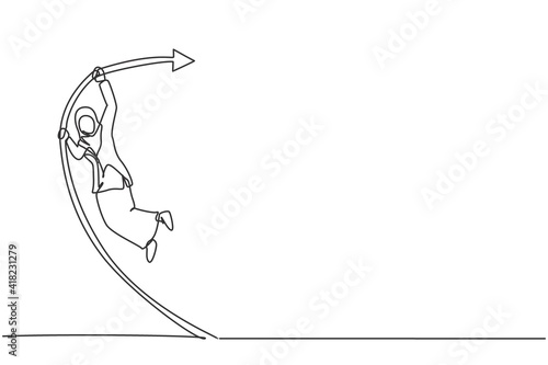 Single one line drawing of young Arabian businesswoman jumping high with pole vault. Business financial growth metaphor minimal concept. Modern continuous line draw design graphic vector illustration